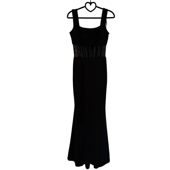 AQUA Black Scuba Crepe Halter Neck Mesh Panel Formal Maxi Dress